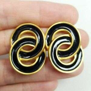 Vintage Black Enamel and Gold Tone Interlocking Ring Clip On Earrings, Estate